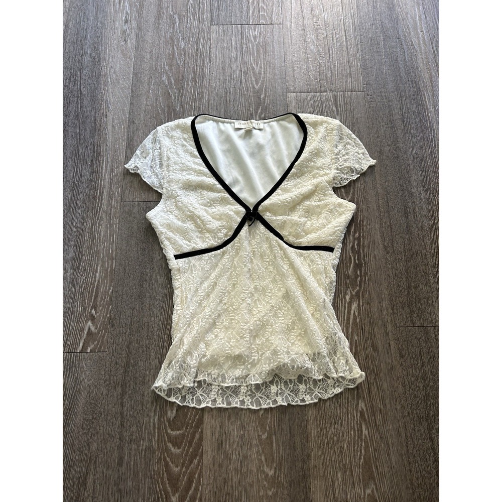 Ivory Lace Velvet Trim Babydoll Top Coquette Boho Feminine Fairy Dainty Romantic